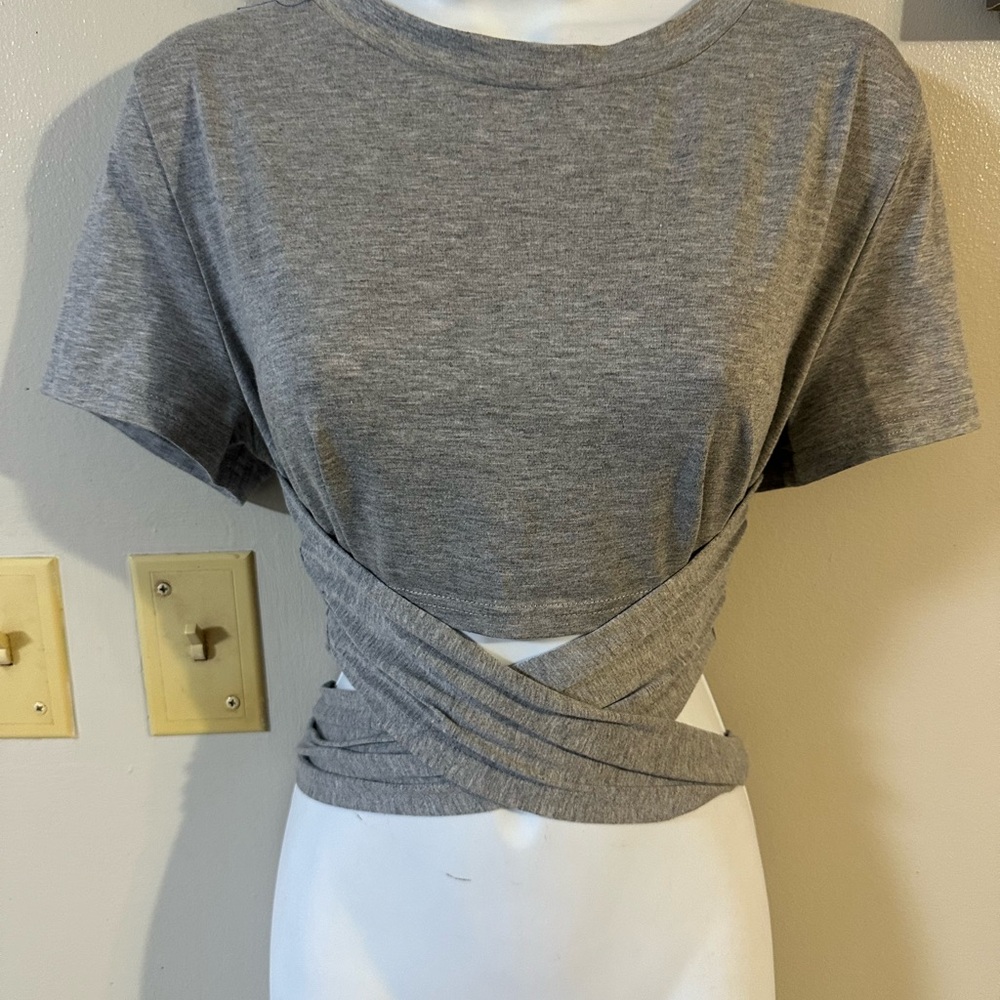 Gray Crisscross Wrap Crop Top - Women